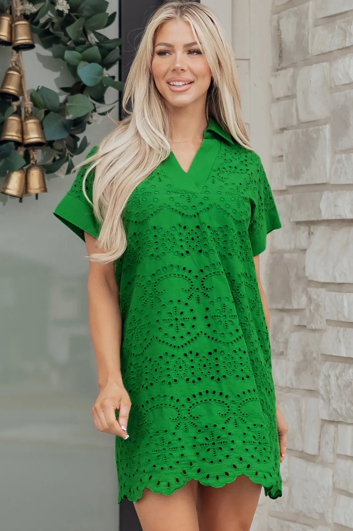 White Solid Color Eyelet Embroidered T Shirt Mini Dress - Sweet Fashion Wholesale