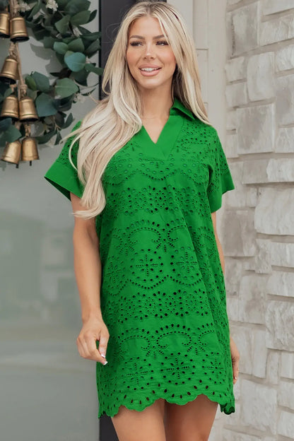 White Solid Color Eyelet Embroidered T Shirt Mini Dress - Sweet Fashion Wholesale