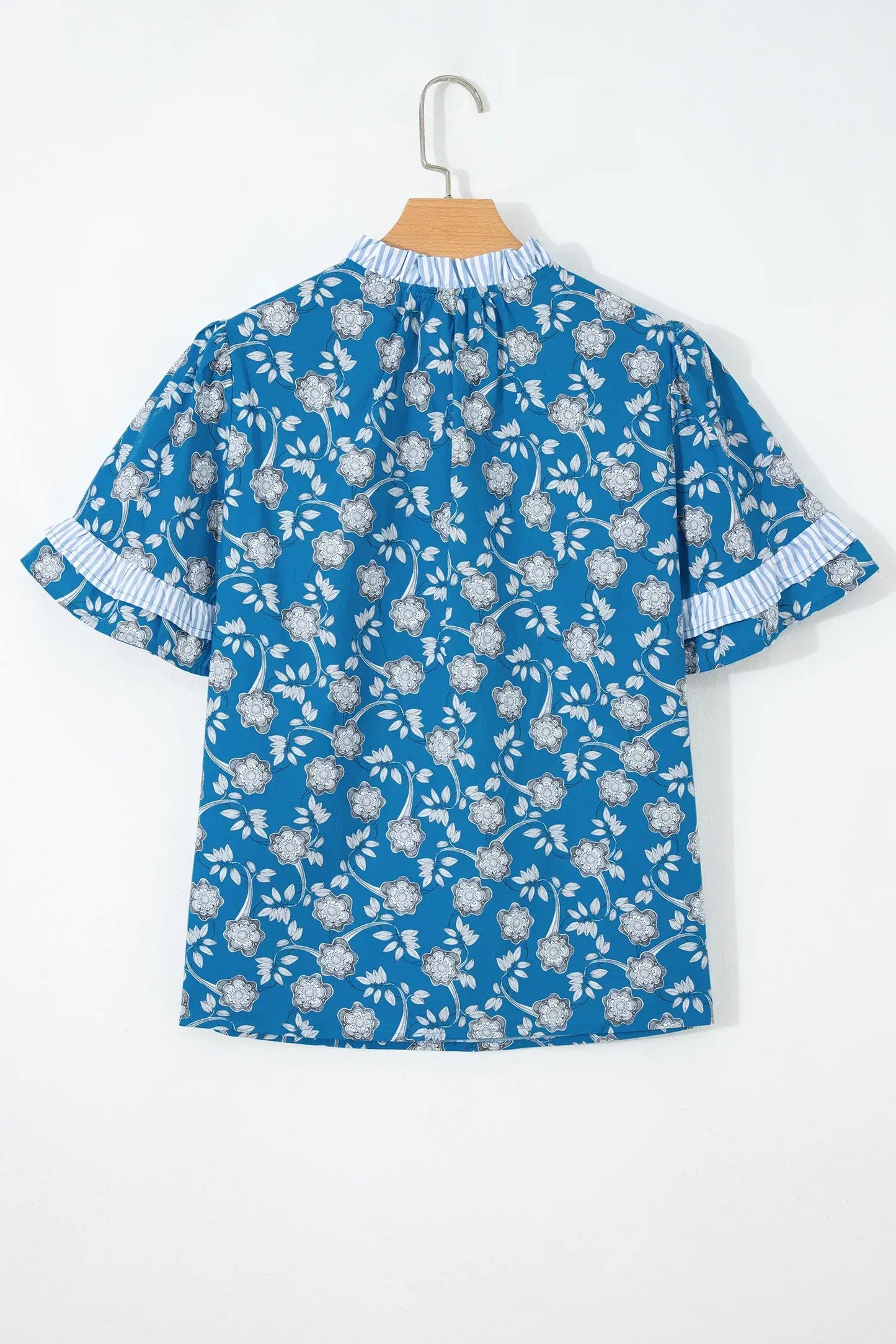 Blue Floral Print Button Tie Neck Striped Detail Short Sleeve Blouse - Sweet Fashion Wholesale