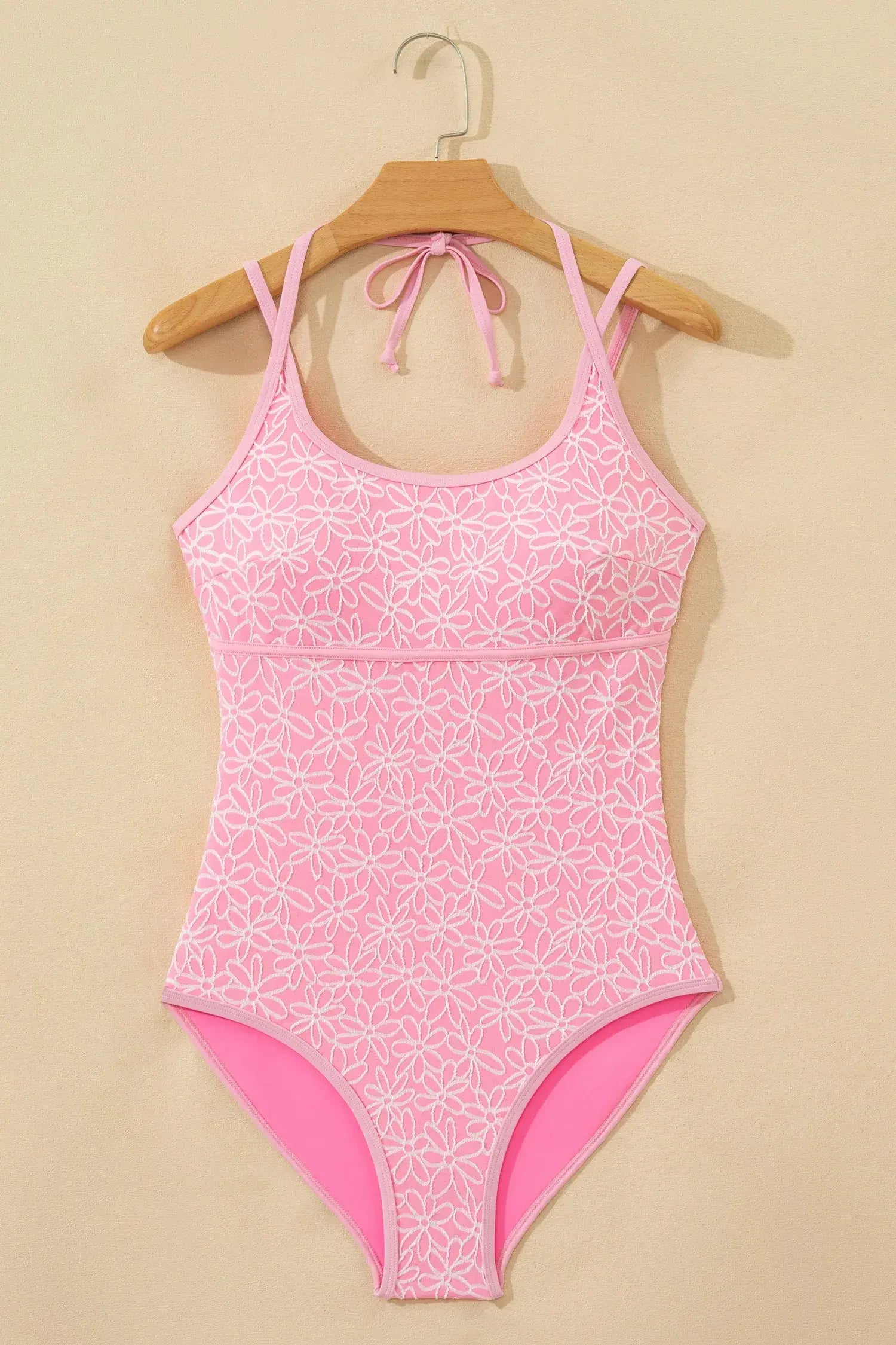 Pink Corded Flower Texture Spaghetti Straps Halterneck One Piece Swimsuit - Sweet Fashion Wholesale