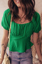 Dark Green Solid Color Ruched Crossed Waist Tied Back Short Sleeve Peplum Top - Sweet Fashion Wholesale