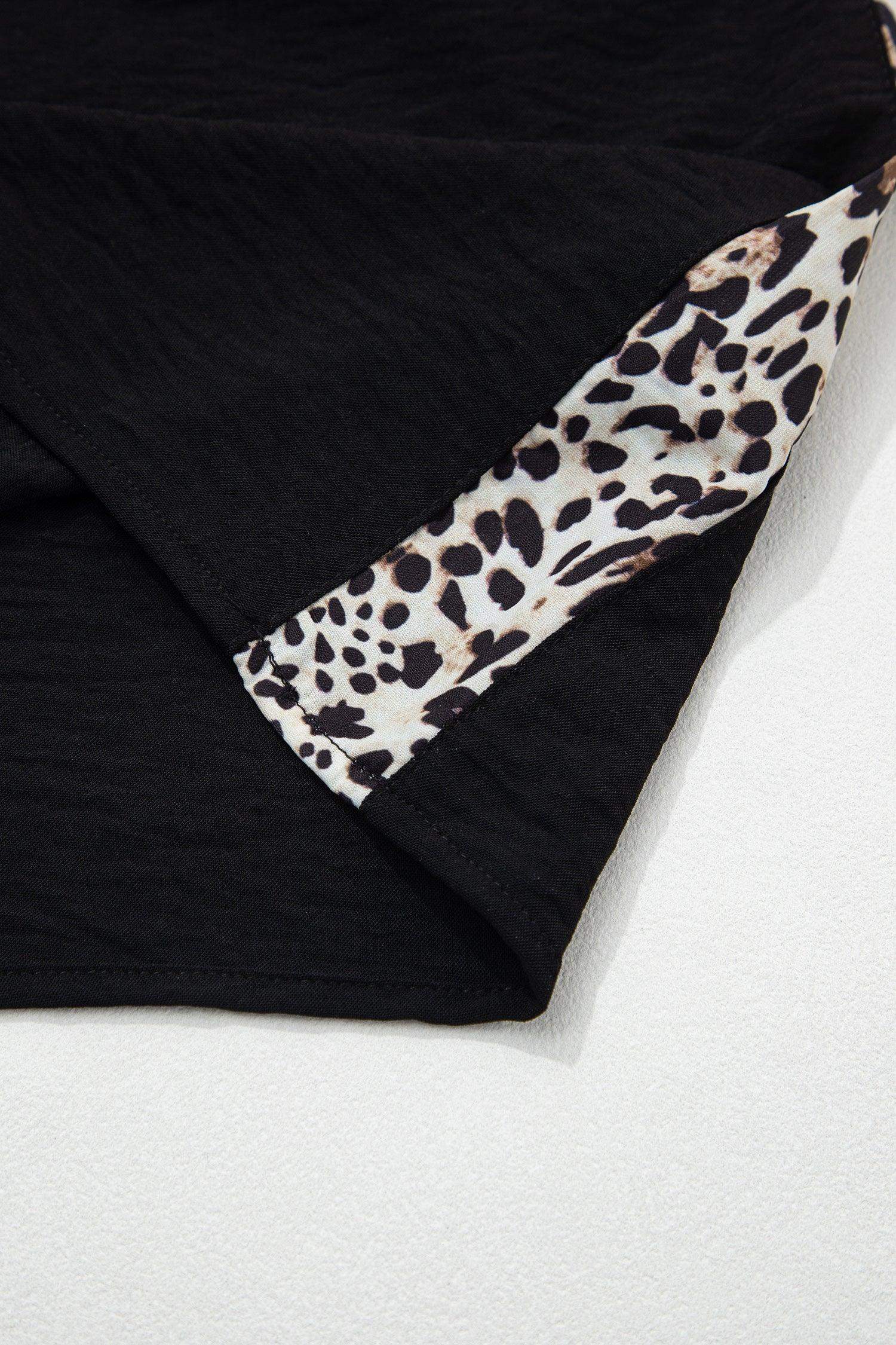 Black Plus Size Leopard Patchwork Round Neck Loose Tee - Sweet Fashion Wholesale