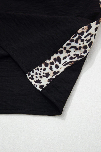 Black Plus Size Leopard Patchwork Round Neck Loose Tee - Sweet Fashion Wholesale