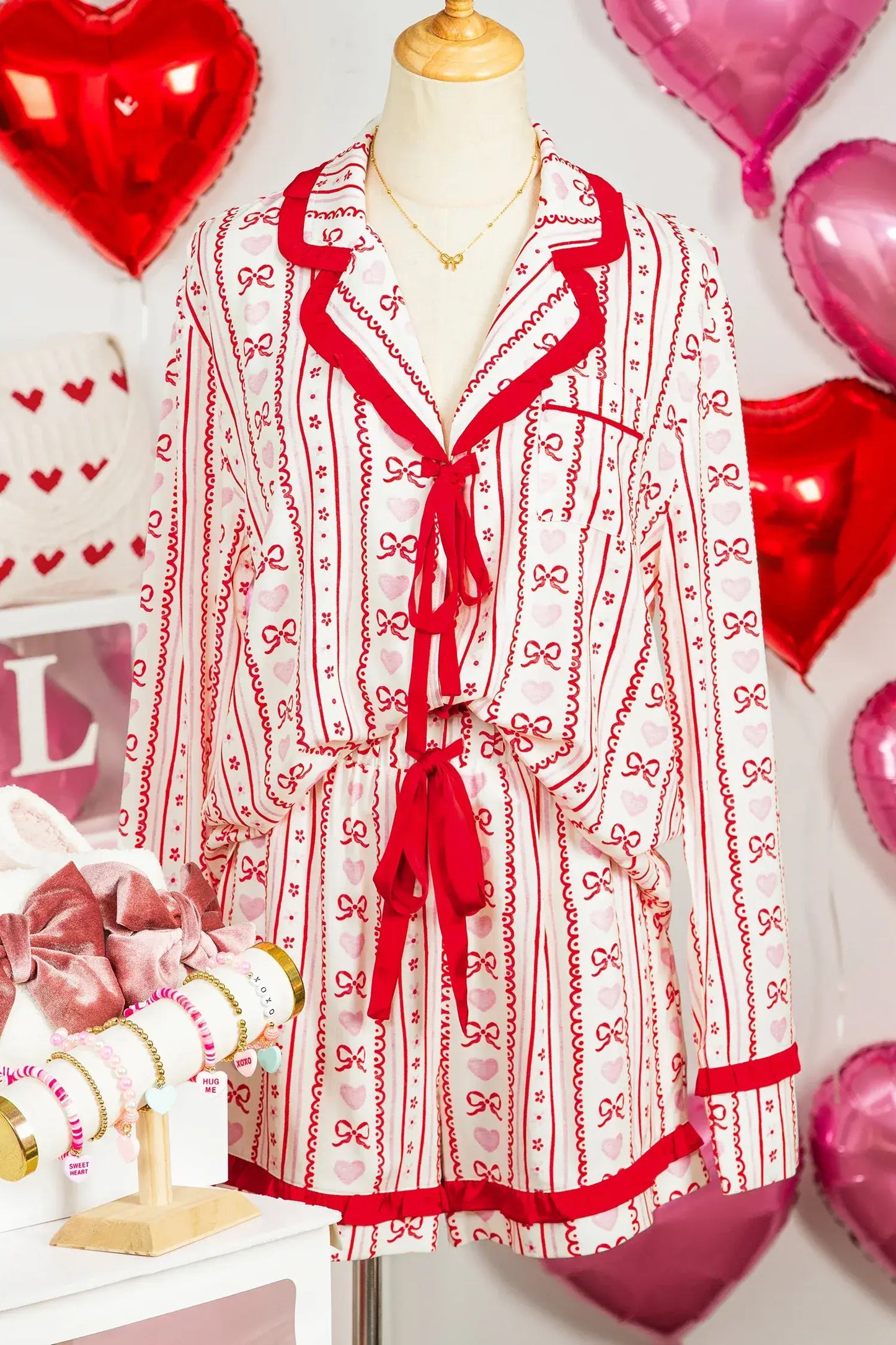 Red Sweet Floral Heart Bow Print Contrast Trim Long Sleeve Shirt Pajama Short Set - Sweet Fashion Wholesale