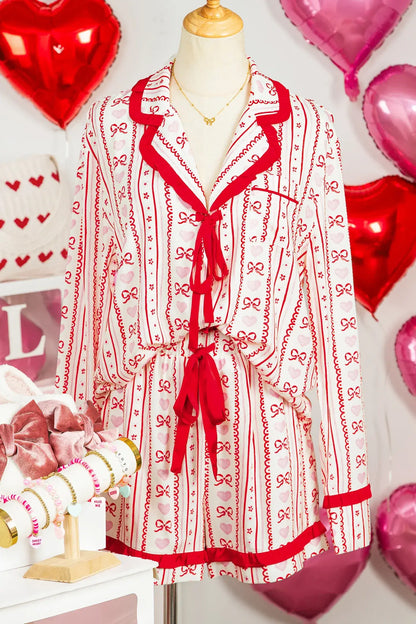 Red Sweet Floral Heart Bow Print Contrast Trim Long Sleeve Shirt Pajama Short Set - Sweet Fashion Wholesale