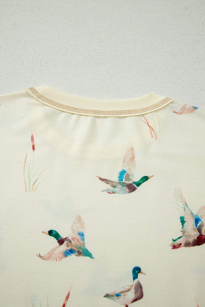 Beige Mallard Duck Print Oversized Tee Drawstring Short Set