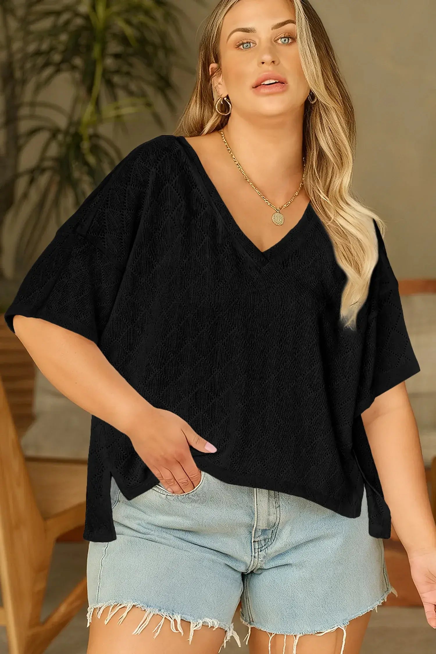 Black Pointelle Rhombus Knit Plus Size V Neck Loose Top - Sweet Fashion Wholesale
