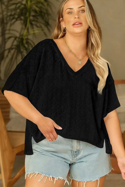 Black Pointelle Rhombus Knit Plus Size V Neck Loose Top - Sweet Fashion Wholesale