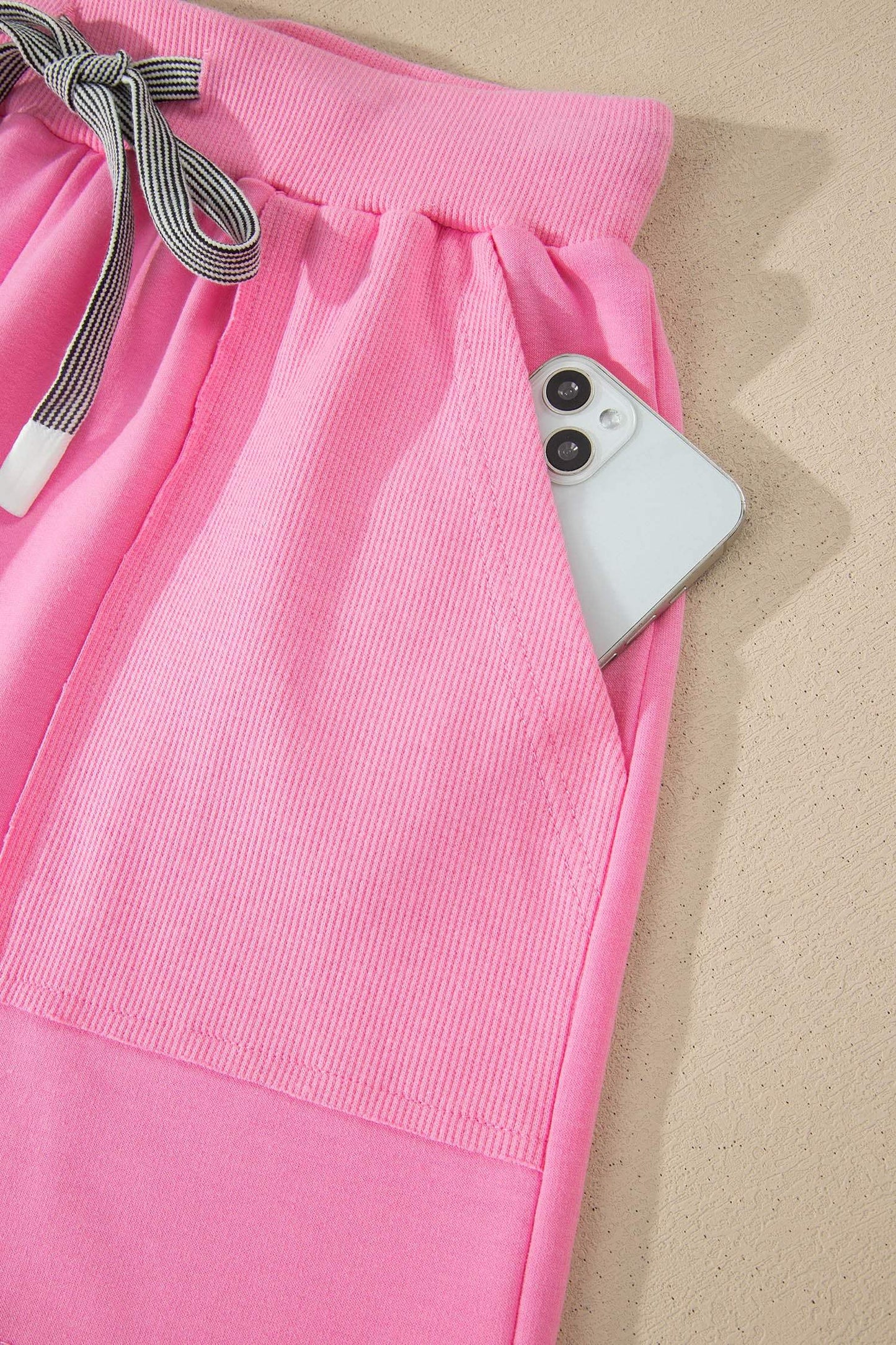 Sachet Pink V Neck Short Sleeve Top Drawstring Shorts 2pcs Set