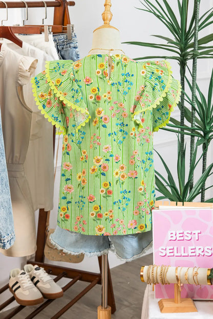 Green Stripe Floral Printed Scalloped Detail Ruffle Short Sleeve Blouse - Sweet Fashion Wholesale