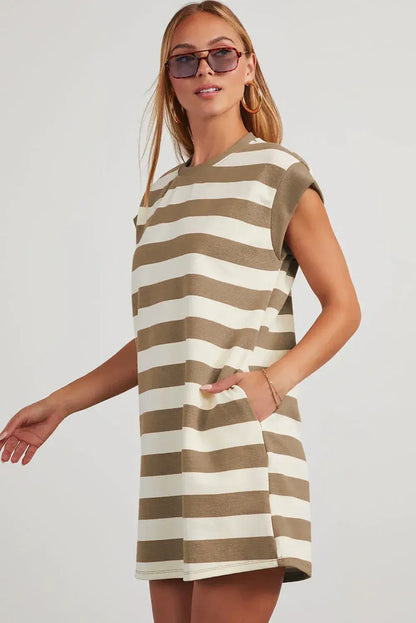 Black Stripe Cap Sleeve Shift T Shirt Dress - Sweet Fashion Wholesale