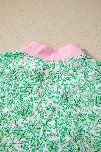 Pink Floral Print Color Block Patchwork V Neck Short Sleeve Midi Dress