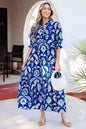 Blue Wild Floral Print Frilled Collar Half Sleeve Long Dress - Sweet Fashion Wholesale