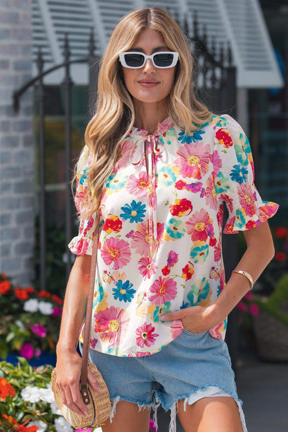 Beige Vibrant Summer Floral Tie V Neck Short Puff Sleeve Blouse - Sweet Fashion Wholesale