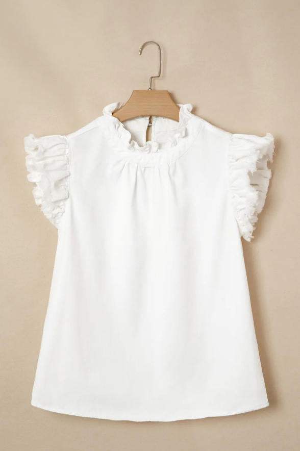 White Frilled Collar Flutter Sleeve Denim Top