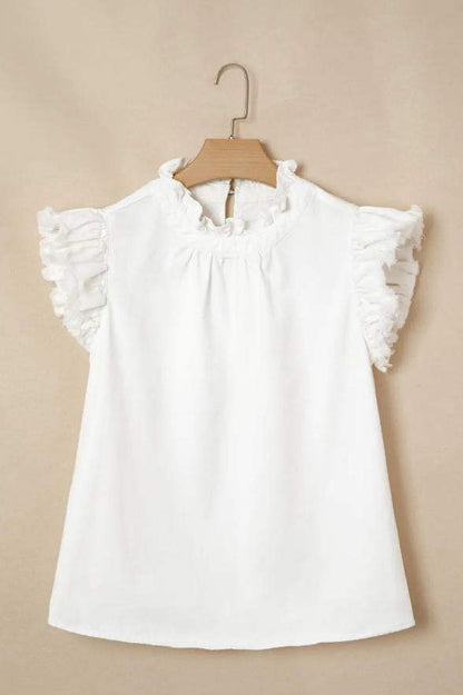 White Frilled Collar Flutter Sleeve Denim Top