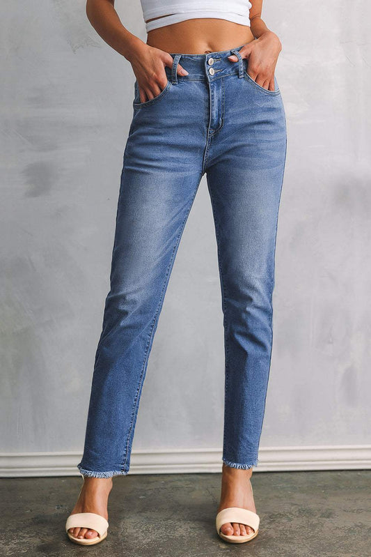 Sky Blue Double Button Raw Hem Slim Fit Jeans