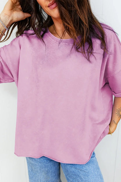 Lavendula Mineral Wash Drop Shoulder Raw Edge Loose Tee - Sweet Fashion Wholesale