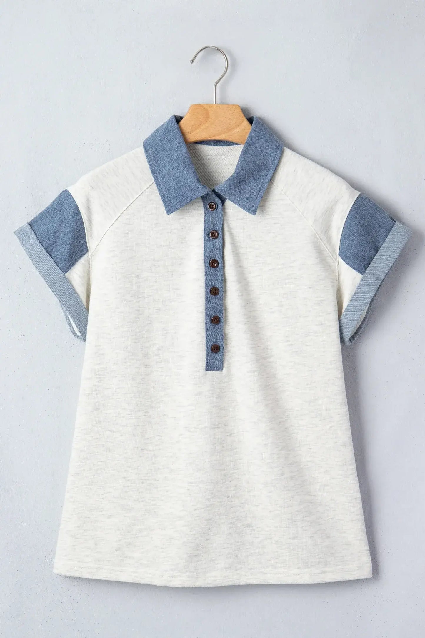 Light Grey Denim Color Block Patchwork Shirt Collar Short Sleeve Blouse - Sweet Fashion Wholesale