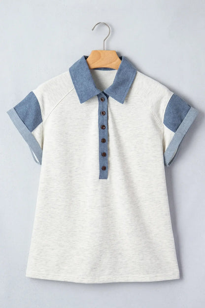 Light Grey Denim Color Block Patchwork Shirt Collar Short Sleeve Blouse - Sweet Fashion Wholesale