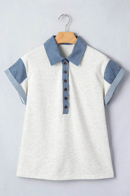 Light Grey Denim Color Block Patchwork Shirt Collar Short Sleeve Blouse - Sweet Fashion Wholesale