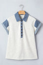 Light Grey Denim Color Block Patchwork Shirt Collar Short Sleeve Blouse - Sweet Fashion Wholesale