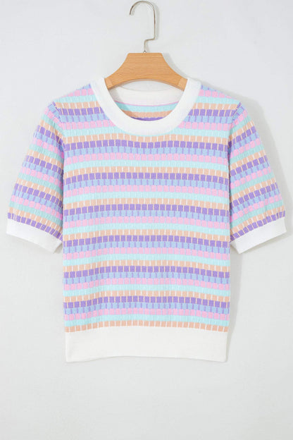 Orange Abstract Striped Knit Short Sleeve Sweater