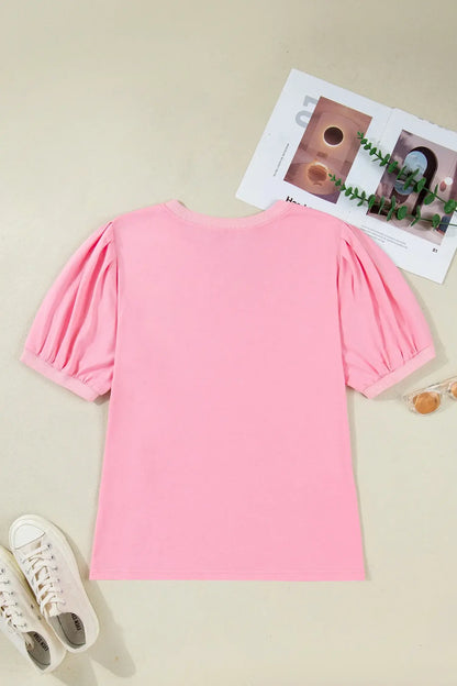 Bonbon V Neck Pleated Short Puff Sleeve Plus Size Blouse - Sweet Fashion Wholesale