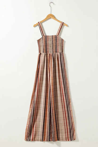 Yellow Stripe Square Neck Sleeveless Smocked Bodice Wide Leg Jumpsuit - Sweet Fashion Wholesale