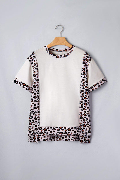 White Ribbed Leopard Patchwork Uneven Hem T Shirt