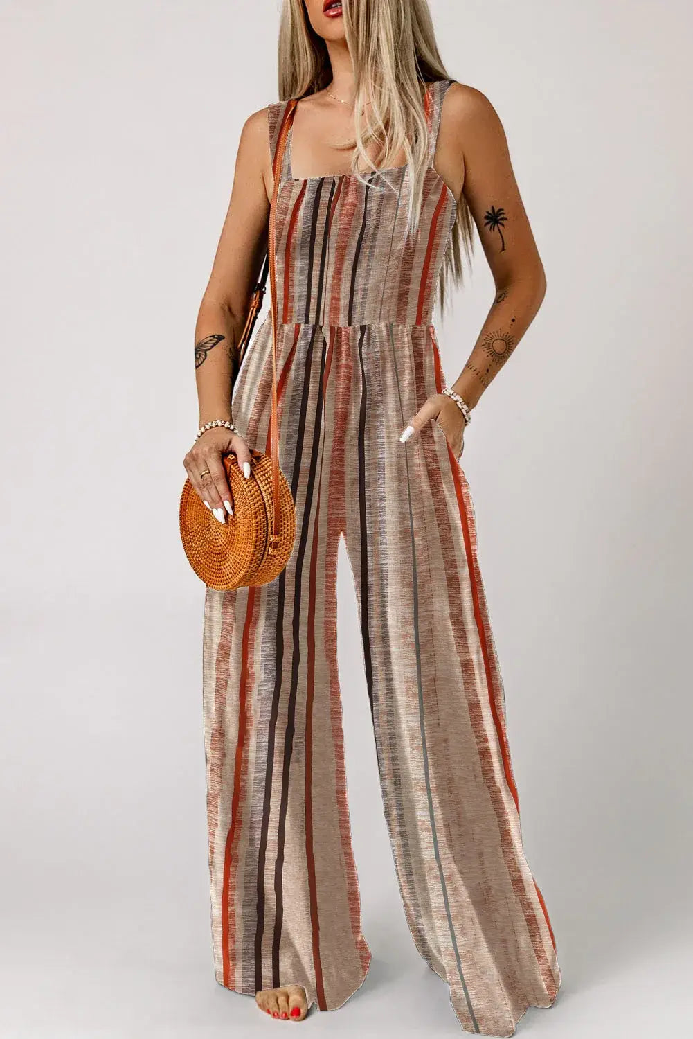 Yellow Stripe Square Neck Sleeveless Smocked Bodice Wide Leg Jumpsuit - Sweet Fashion Wholesale