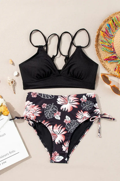 Black Ribbed Knit High Waist 2pcs Bikini Swimsuit - Sweet Fashion Wholesale