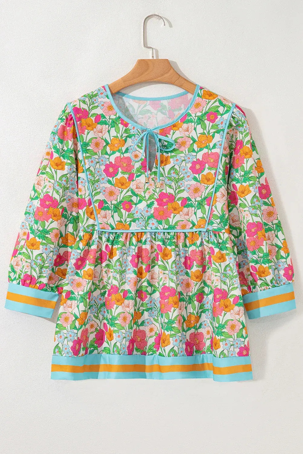 Green Floral Print Striped Trim Tie Neck Puff Sleeve Babydoll Blouse