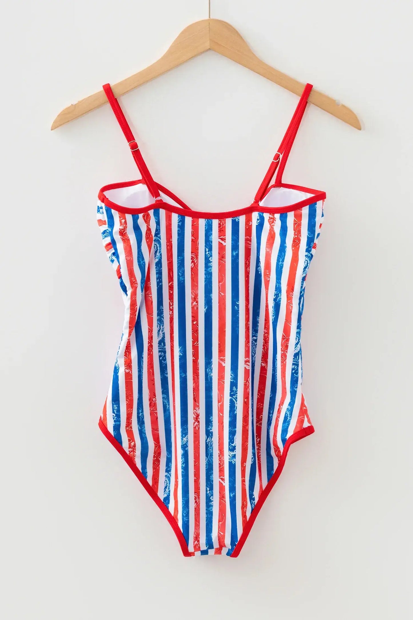 Red July 4th Stripes Star Floral Impression Cutout Spaghetti Straps One Piece Swimsuit - Sweet Fashion Wholesale