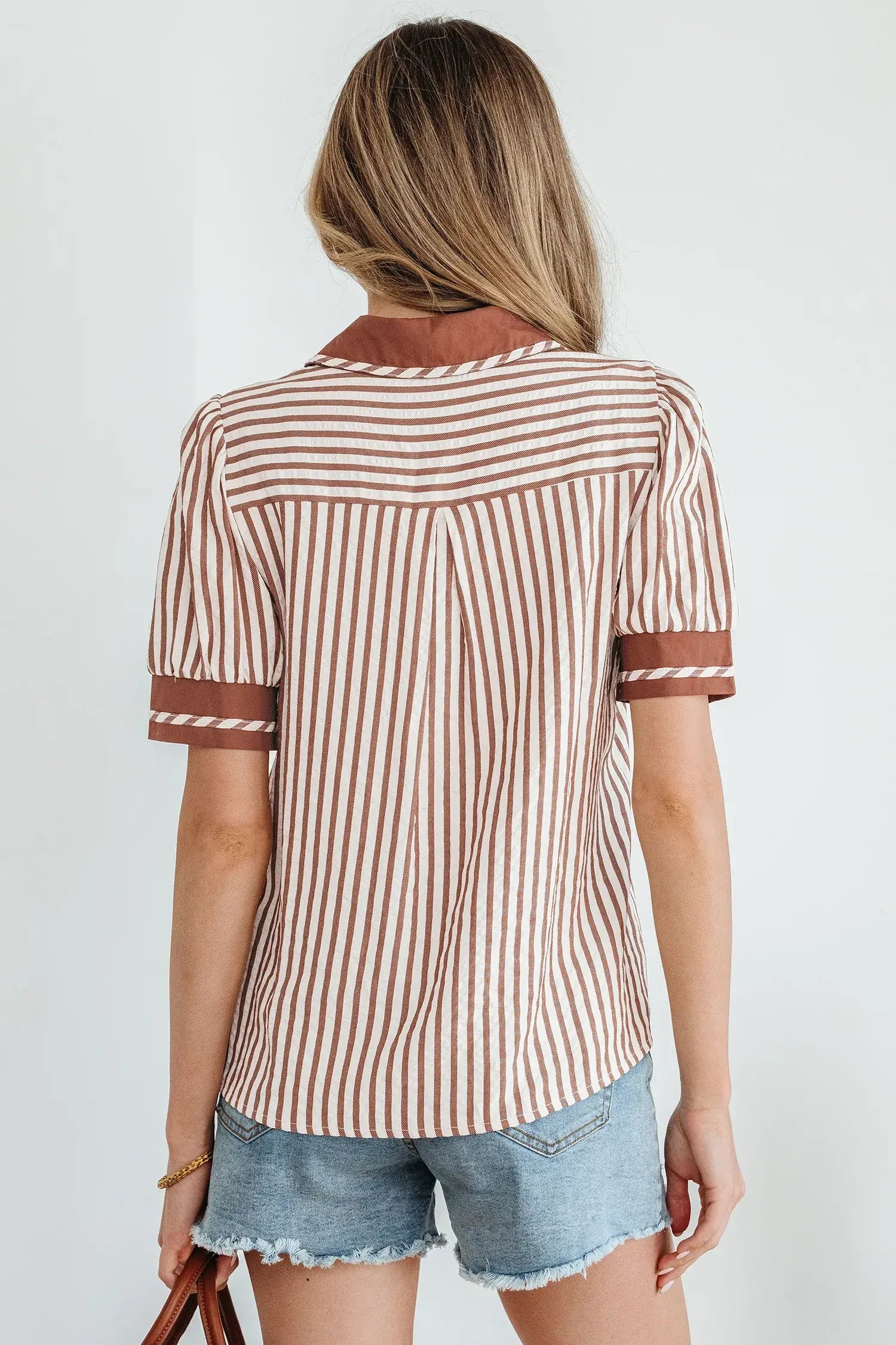 Black Stripe Collared Split Neck Short Bubble Sleeve Blouse - Sweet Fashion Wholesale