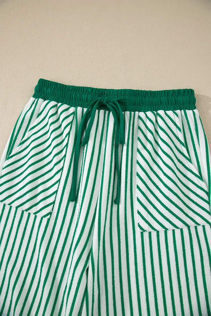 Sky Blue Stripe Crew Neck Tee Drawstring Waist Cropped Pants Set