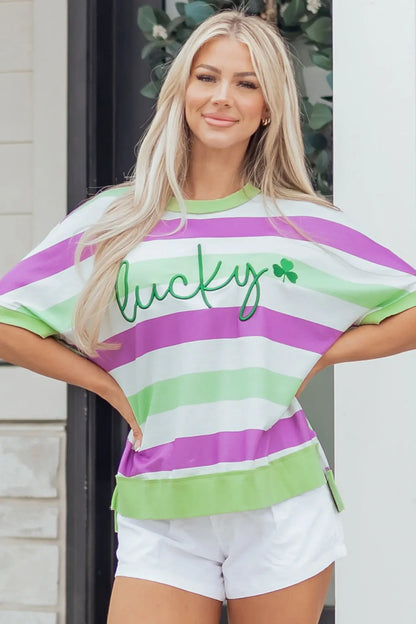Green Stripe Lucky Clover Embroidered Graphic Dolman Loose Tee - Sweet Fashion Wholesale