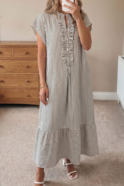Red Stripe Frilled Detail Half Buttons Short Sleeve Long Dress
