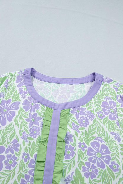 Sky Blue Floral Print Ruffled Color Block Trim Half Sleeve Blouse