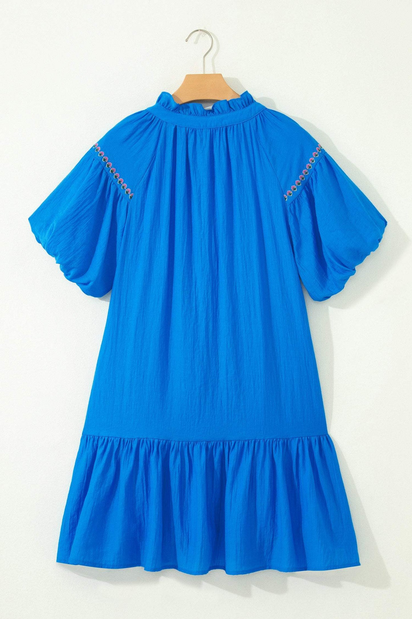 Blue Flower Embroidered Split Neck Short Puff Sleeve Ruffle Hem Dress