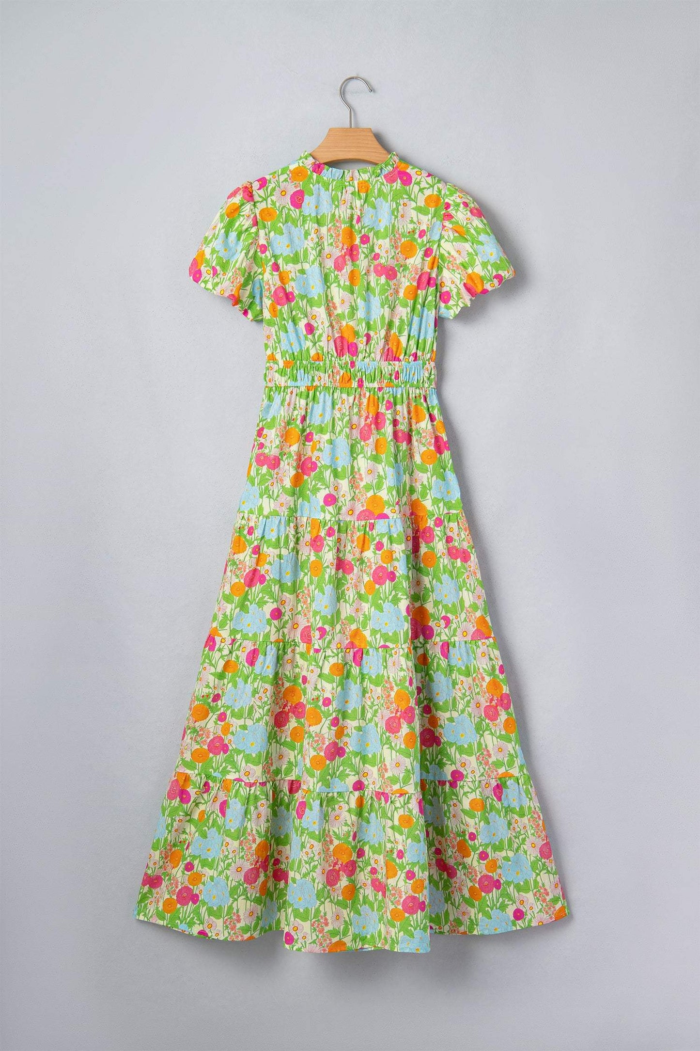Green Floral Print V Neck Short Puff Sleeve Cotton Maxi Dress