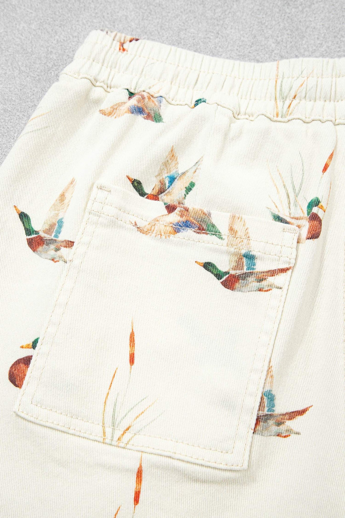 Beige Wild Duck Mallard Printed Drawstring Denim Shorts