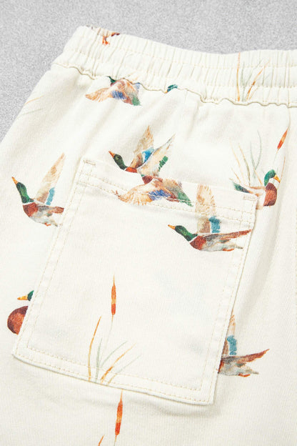 Beige Wild Duck Mallard Printed Drawstring Denim Shorts