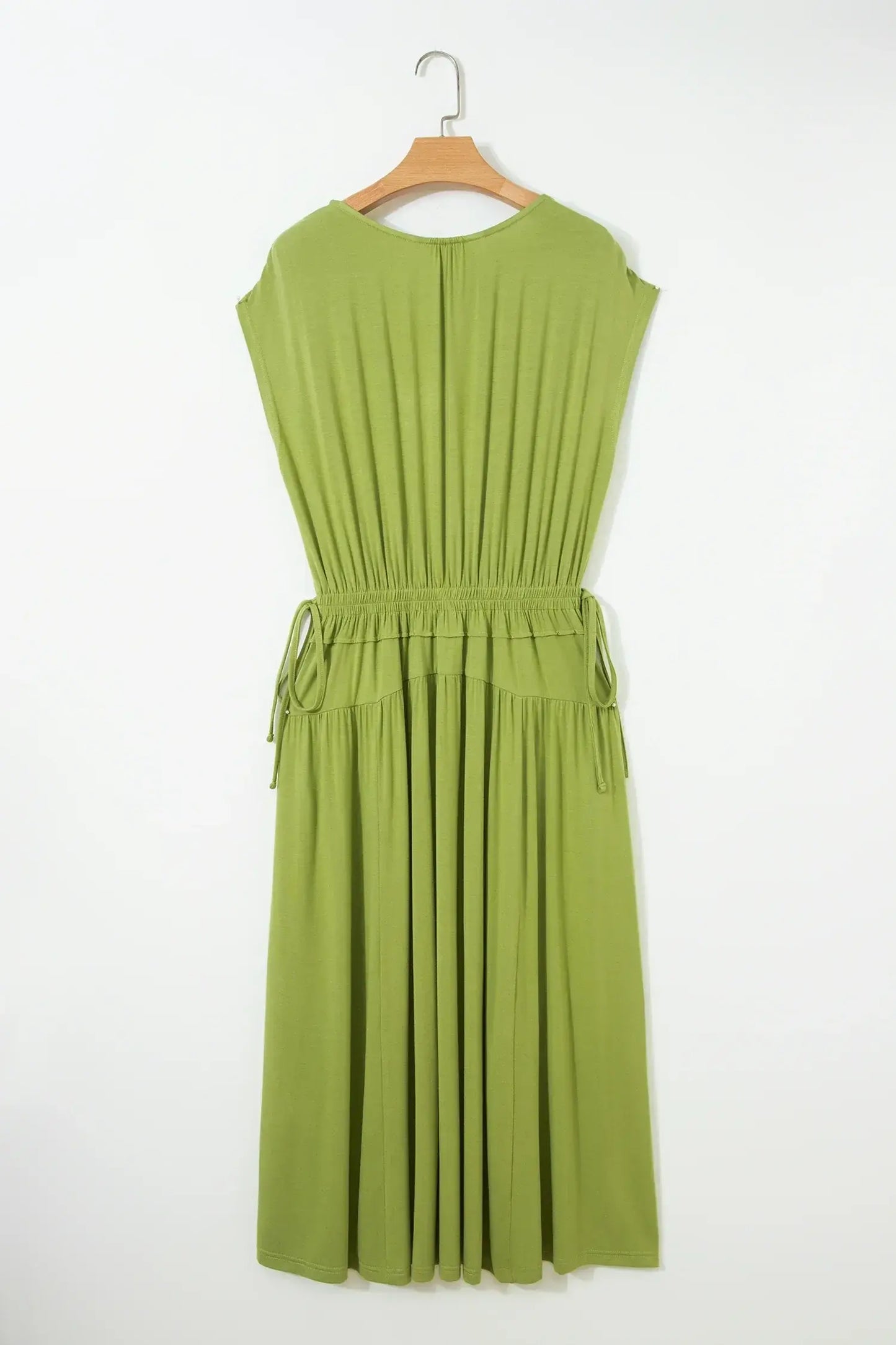 Fern Green Solid V Neck Cap Sleeve Tunic Elastic Waist Versatile Maxi Dress - Sweet Fashion Wholesale