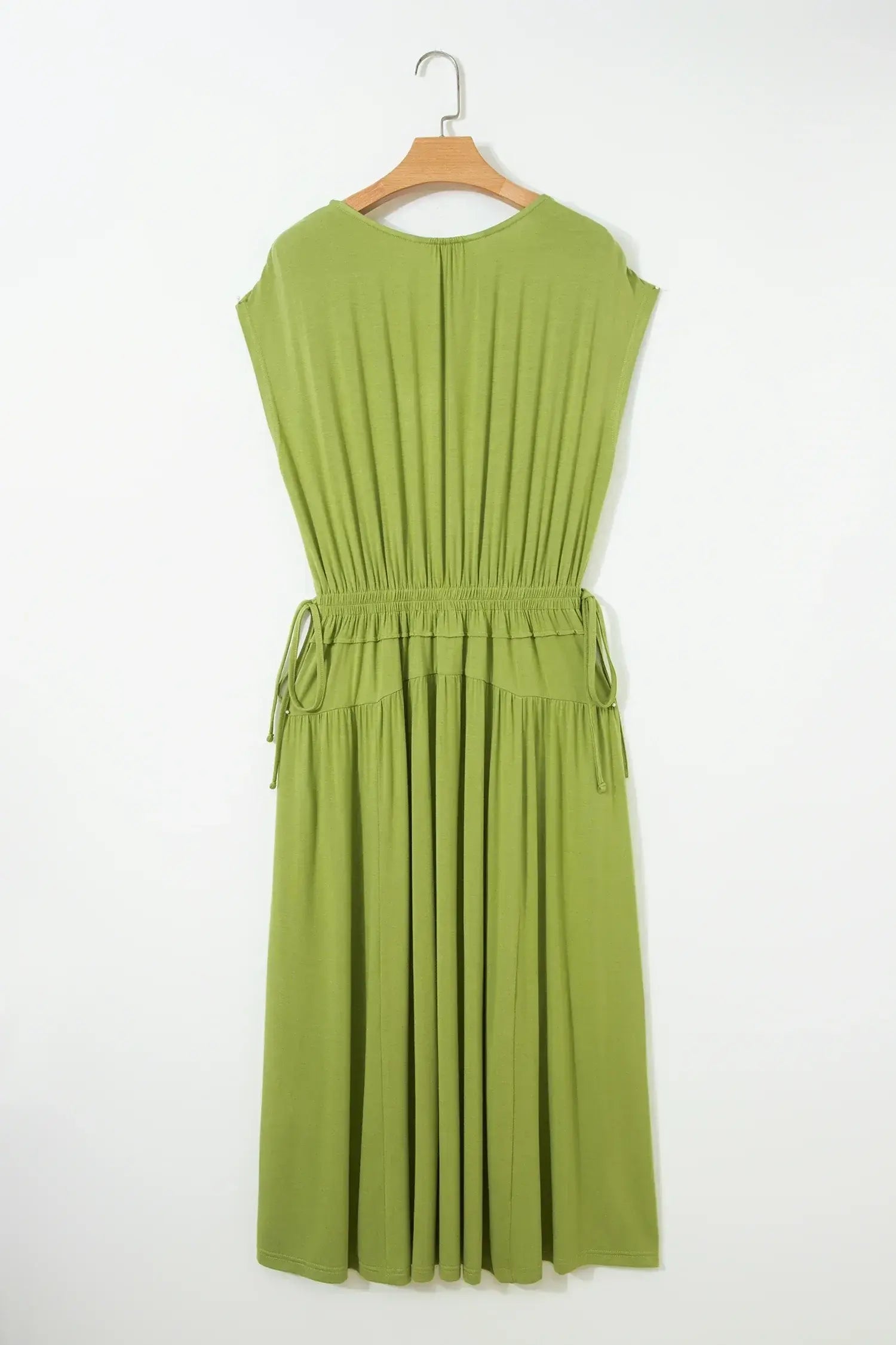 Fern Green Solid V Neck Cap Sleeve Tunic Elastic Waist Versatile Maxi Dress - Sweet Fashion Wholesale