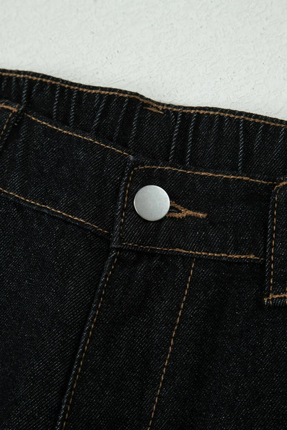 Navy Blue Embroidered Scalloped Trim Relaxed Denim Shorts - Sweet Fashion Wholesale
