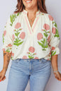 Pink Plus Size Floral Print Striped Trim V Neck Blouse