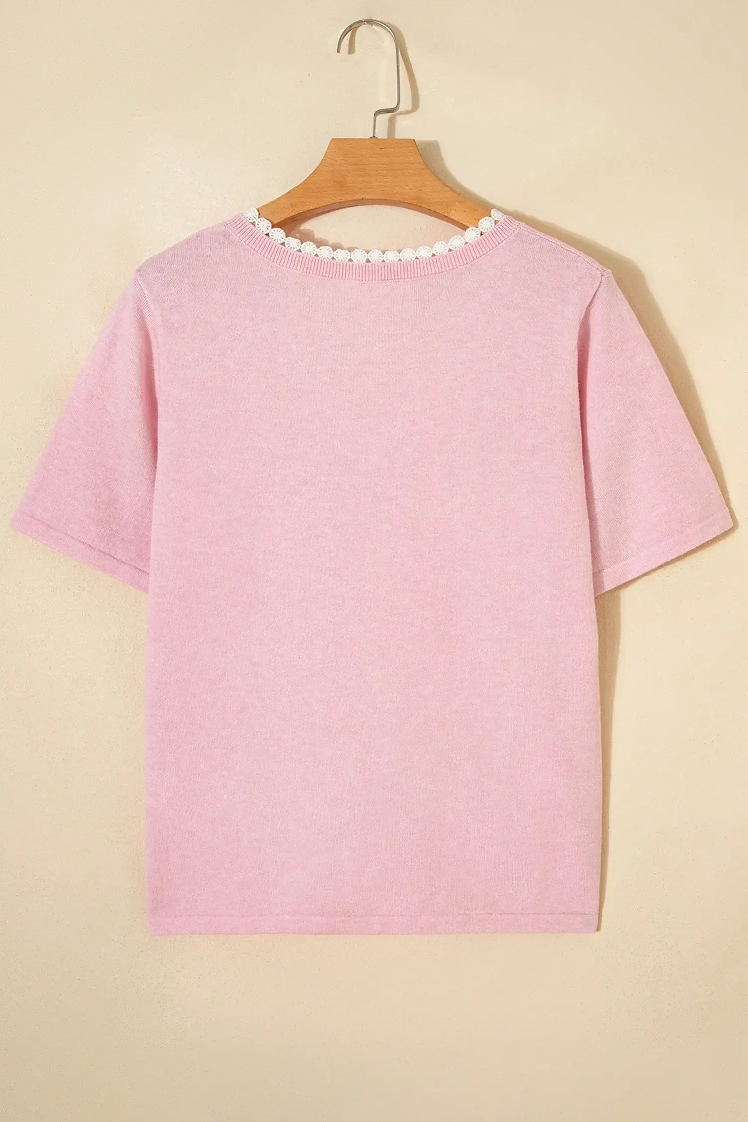 Strawberry Pink Lacy V Neckline Short Sleeve Sweater - Sweet Fashion Wholesale