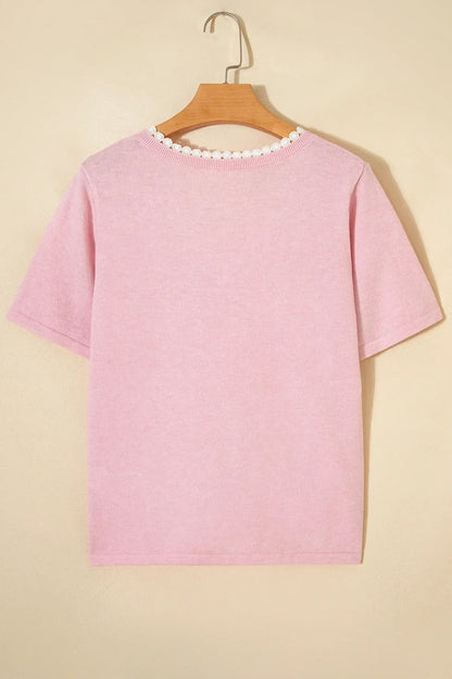 Strawberry Pink Lacy V Neckline Short Sleeve Sweater - Sweet Fashion Wholesale