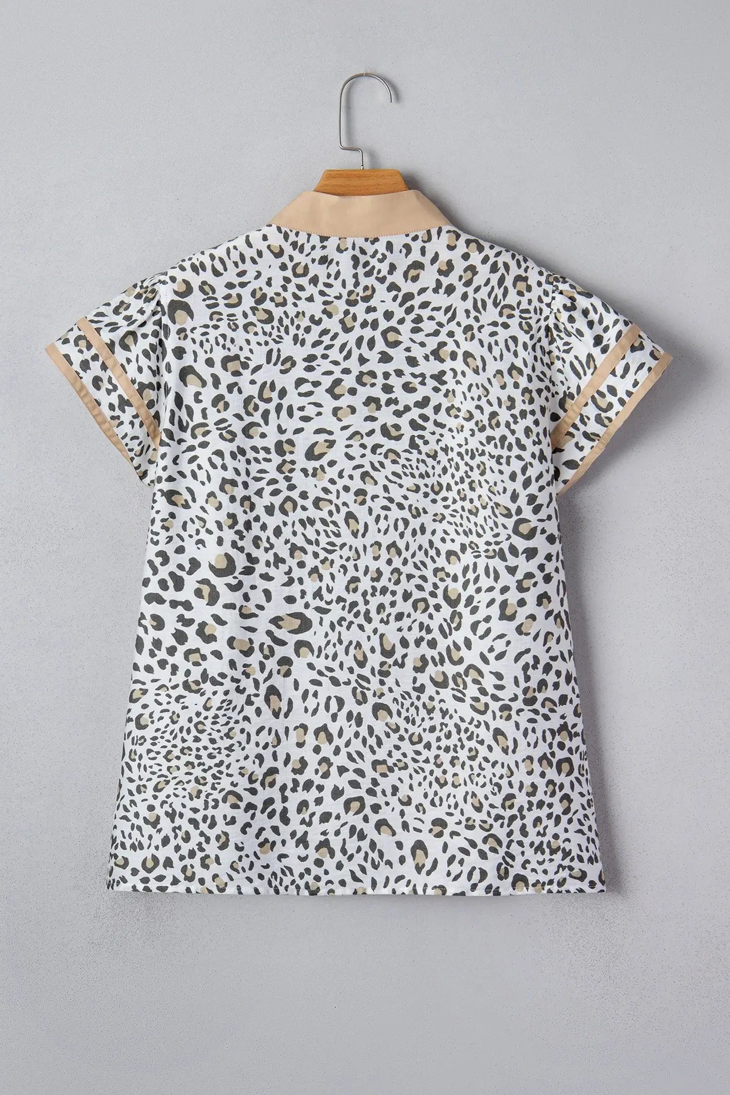 White Leopard Printed Color Block Patchwork V Neck Cap Sleeve Blouse - Sweet Fashion Wholesale